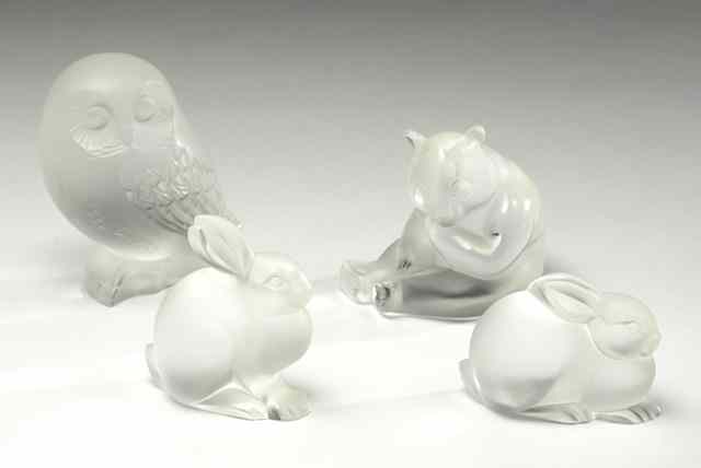 Appraisal: FOUR LALIQUE FRANCE CRYSTAL FIGURINES Shivers Owl ''H Panda ''H