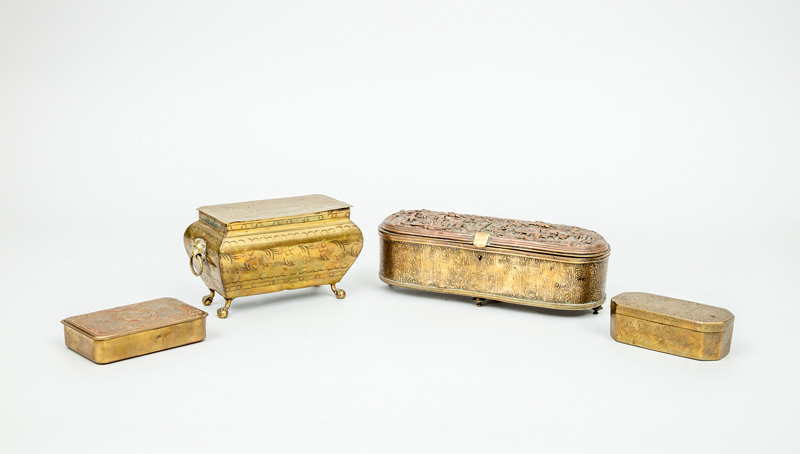 Appraisal: THREE BRASS BOXES The largest of sarcophagus-form inscribed 'James Monk'