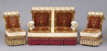 Appraisal: NAPOLEON III-STYLE CARPET-COVERED SETTEE AND A PAIR OF SIDE CHAIRS