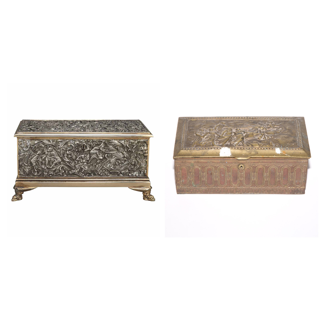 Appraisal: Two Metal Jewelry Boxes Comprising a rectangular footed example in