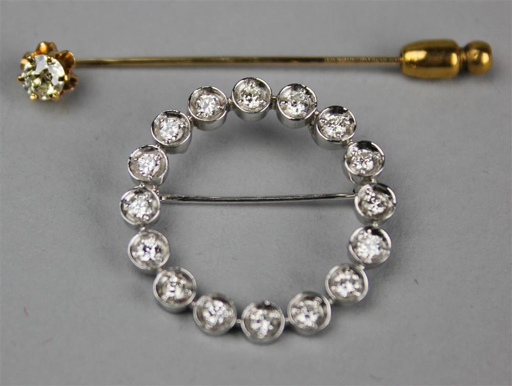 Appraisal: K WHITE GOLD DIAMOND CIRCLE PIN AND A K YELLOW