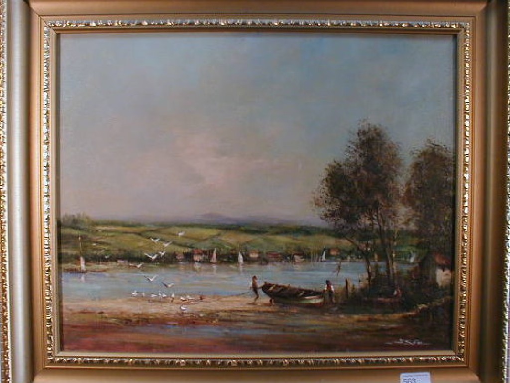 Appraisal: T Smith Subject River view with distant undulating country boat