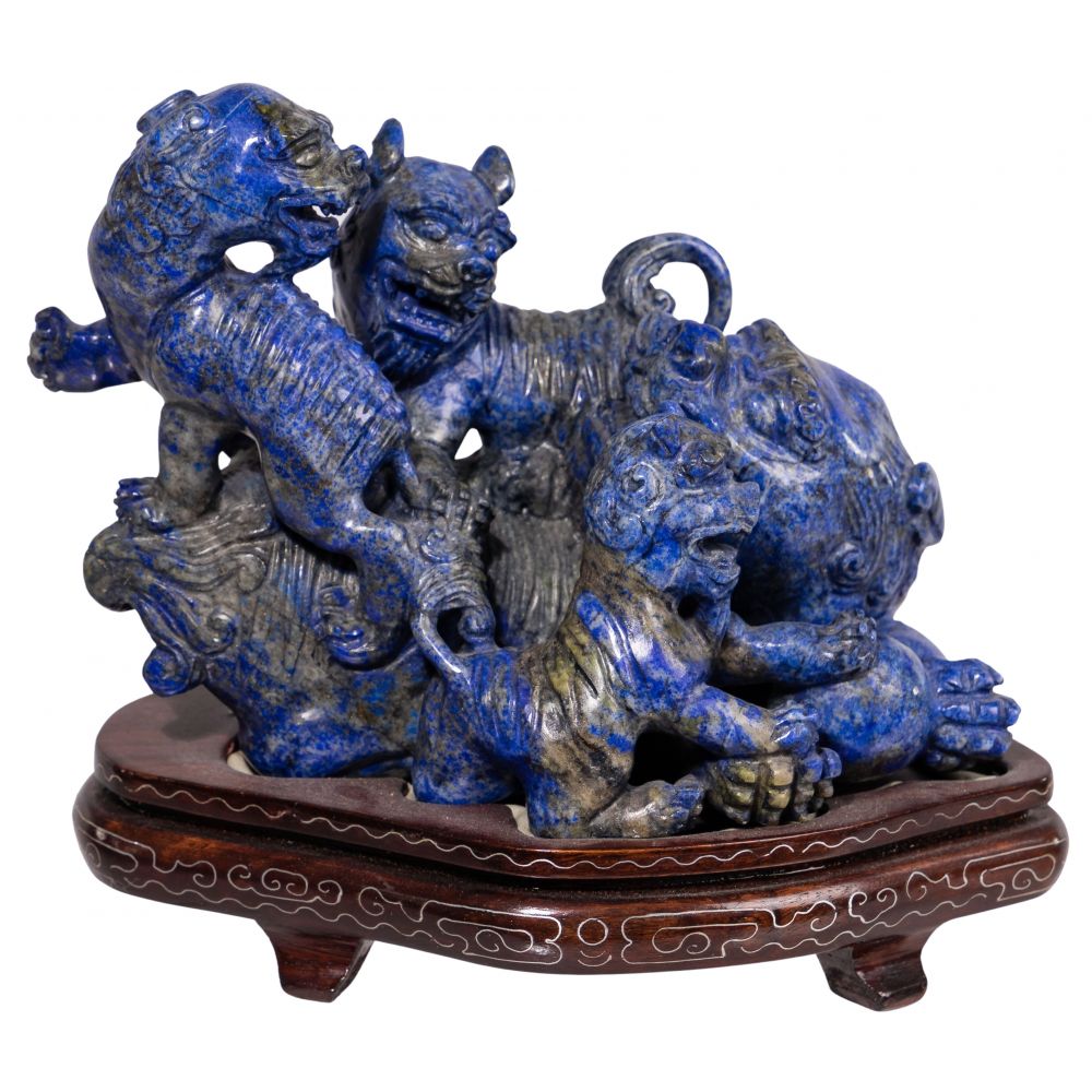 Appraisal: ASIAN CARVED LAPIS LAZULI FOO DOG FAMILY SCULPTURE -gram monolithic