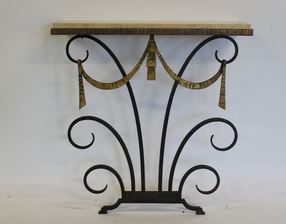 Appraisal: Art Deco Iron Console With Gilt Ribbon Decoration Great quality