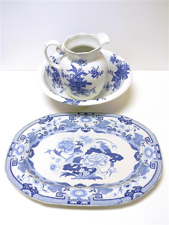 Appraisal: English blue and white pitcher and basin Colonial Pottery floral