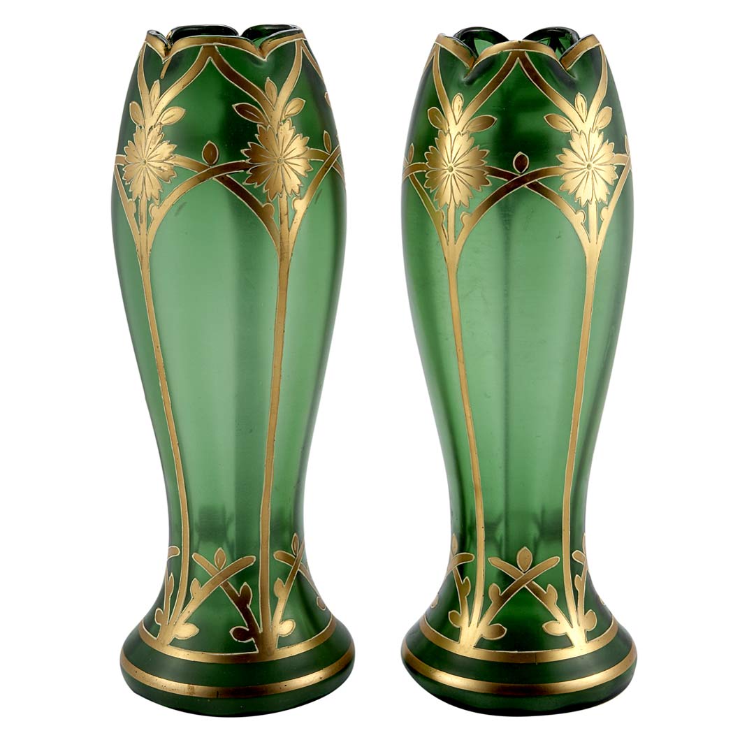 Appraisal: Pair of Bohemian Art Nouveau Gilt and Enameled Glass Vases