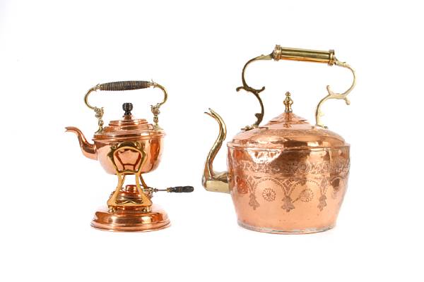 Appraisal: A Turkish copper and brass kettle on stand and a