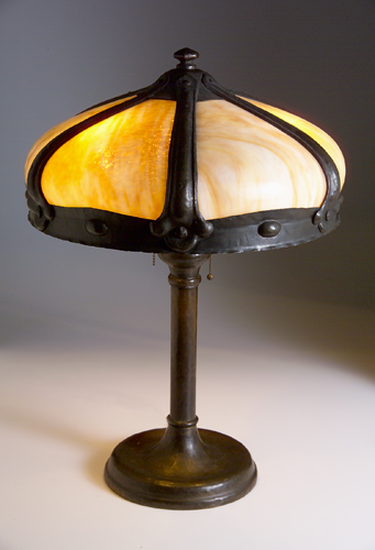 Appraisal: ARTS AND CRAFTS Copper and glass table lamp the three-socket