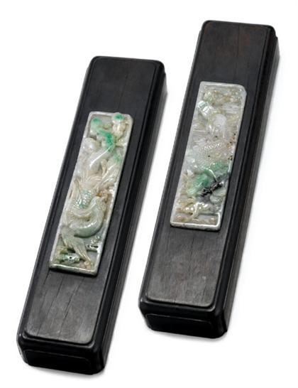 Appraisal: Pair of good Chinese jadeite and hardwood scroll weights th