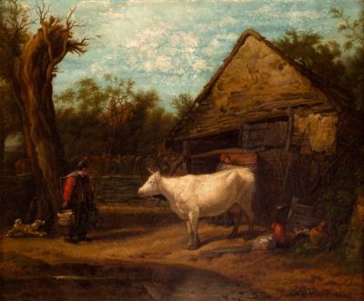 Appraisal: After John Linnell The Cow Yard farm hands cow dog