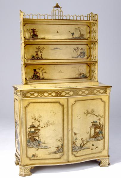 Appraisal: CHINOISERIE Laquered cabinet and bookshelf painted with Asian scenes on