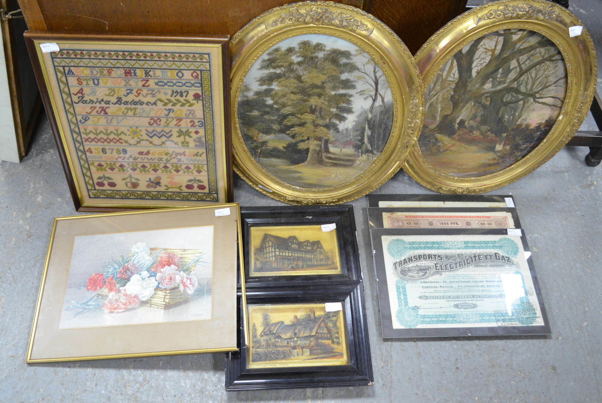 Appraisal: Alphabet sampler Mrs J Baldock three framed certificates and two