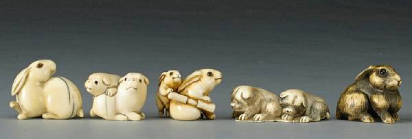 Appraisal: Five ivory animal studies th Century Including three rabbit groups