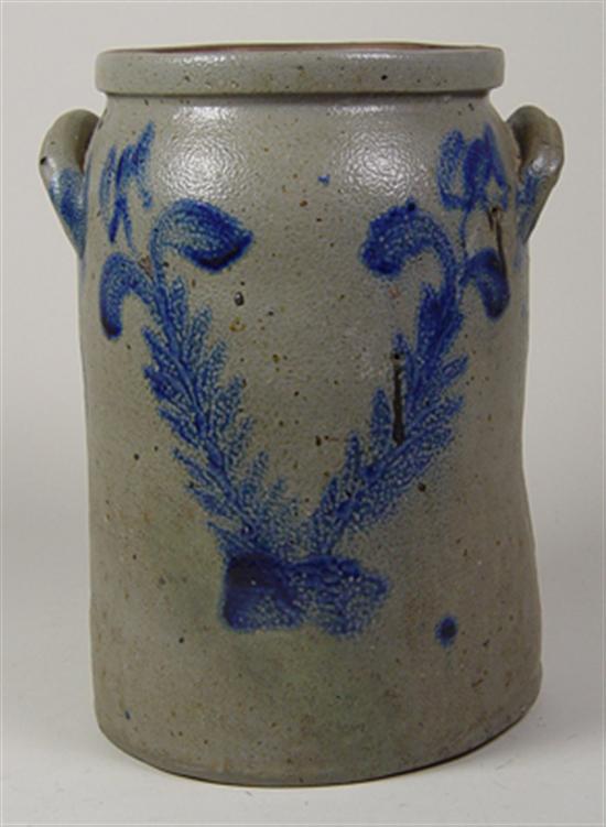 Appraisal: American Stoneware Crock Two branch tulip decoration Firing flaws Has