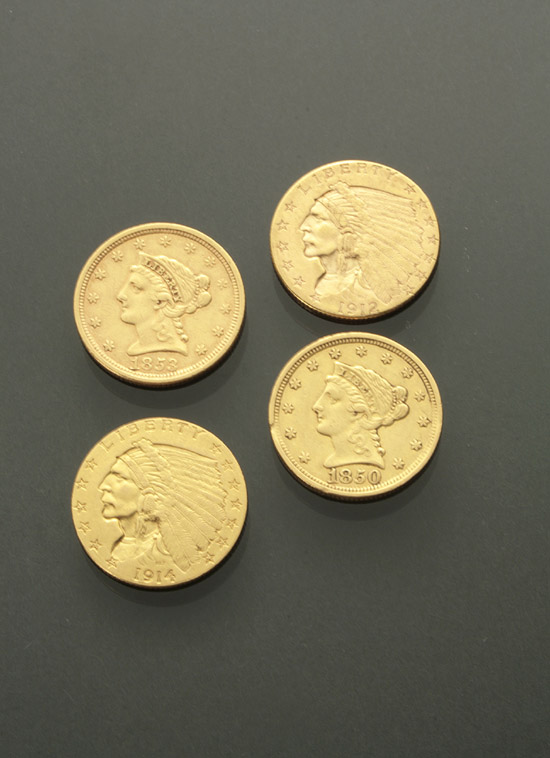 Appraisal: Two U S Quarter-Eagle and Two Indian Head Two-and-One-Half-Dollar Gold