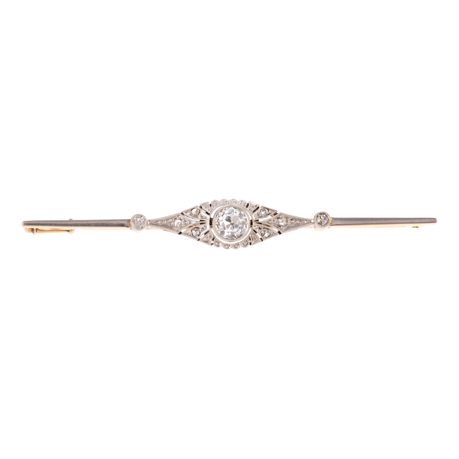 Appraisal: AN EDWARDIAN PLATINUM-TOPPED DIAMOND BAR PIN c K yellow gold