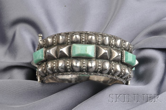 Appraisal: Silver and Amazonite Bracelet the hinged bangle with pyramid shaped