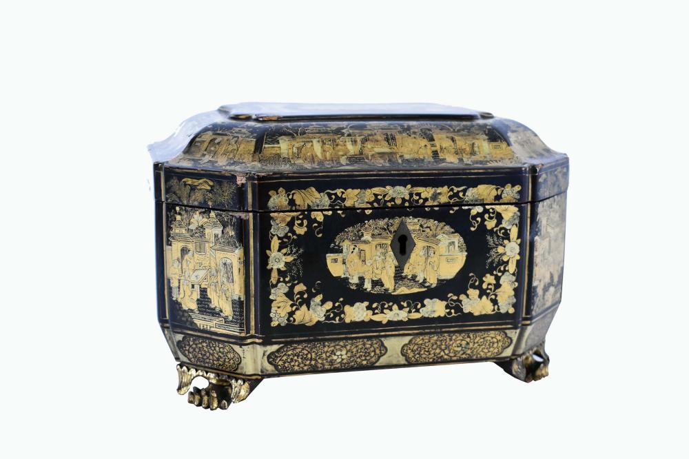 Appraisal: CHINESE GILT DECORATED BLACK LACQUER TEA BOX th Century The