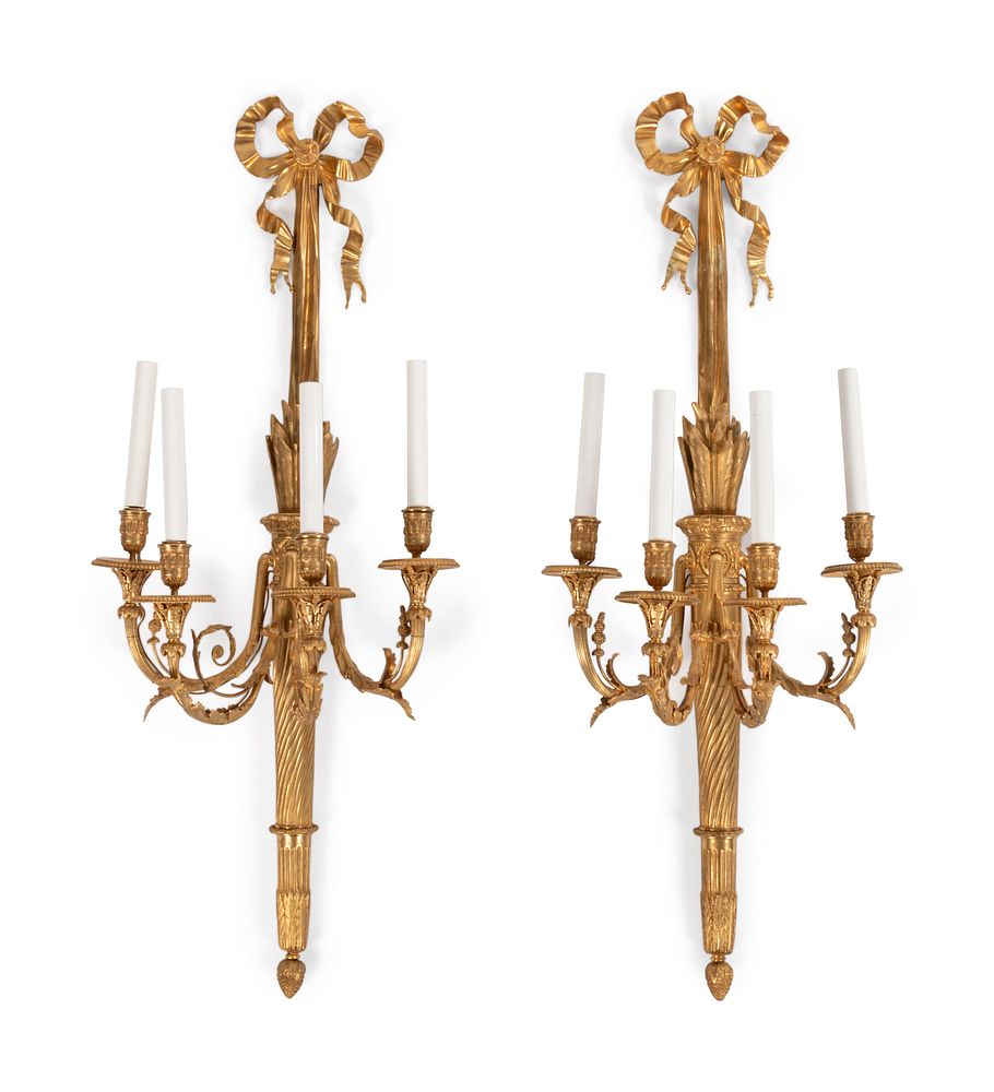 Appraisal: A Pair of Louis XVI Style Gilt Bronze Four-Light Wall