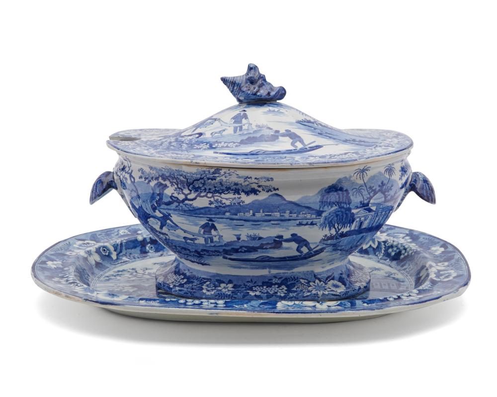 Appraisal: English Blue and White Covered Tureen with Underplate length of