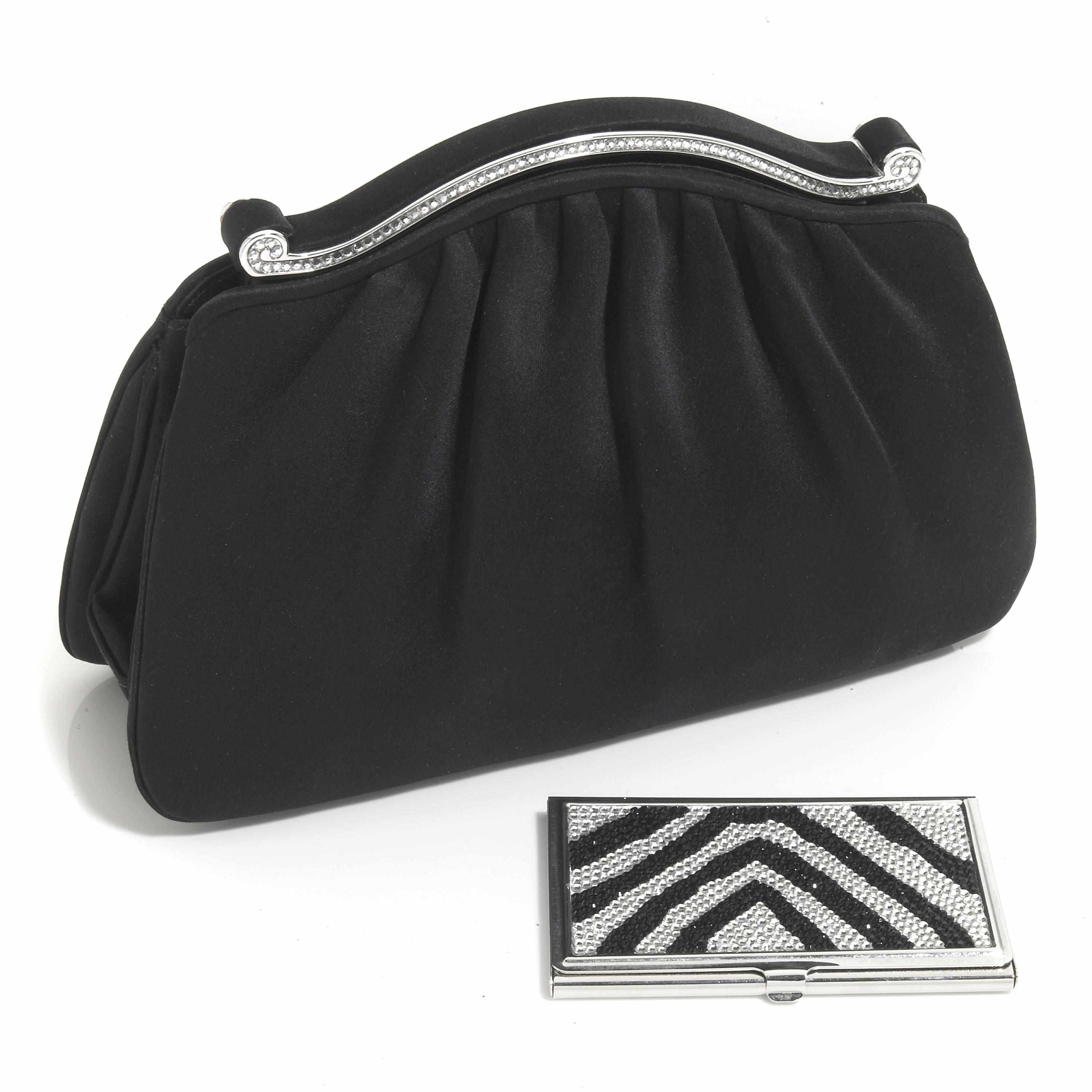 Appraisal: A black satin purse with a silver crystal scroll closure