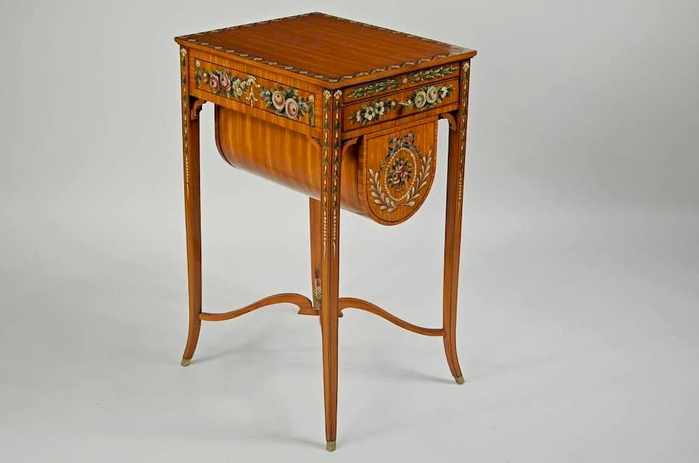 Appraisal: Maitland-Smith Reproduction Sewing Table Maitland-Smith reproduction satinwood sewing table George