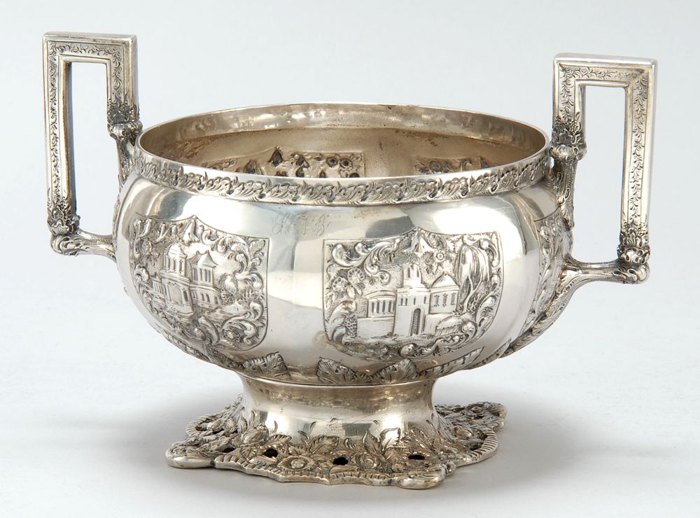 Appraisal: COIN SILVER TWO-HANDLED BOWL Mid th CenturyBy Kirk In globular