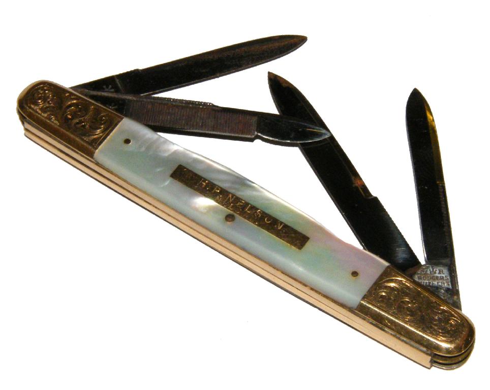 Appraisal: Nice quality gold and mother of pearl penknife with engraved