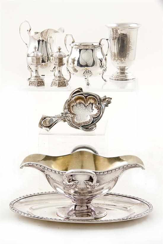 Appraisal: Collection of silver table articles Continental silver gravy boat on