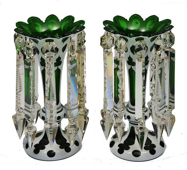 Appraisal: A PAIR OF VICTORIAN FLASH GLASS LUSTERS emerald green ground