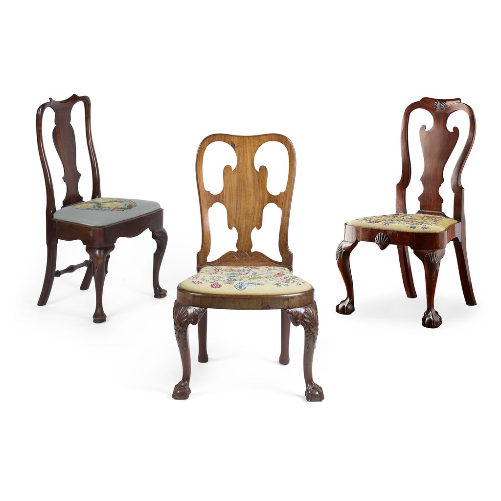 Appraisal: TWO GEORGE II WALNUT SIDE CHAIRS CIRCA both with vasiform