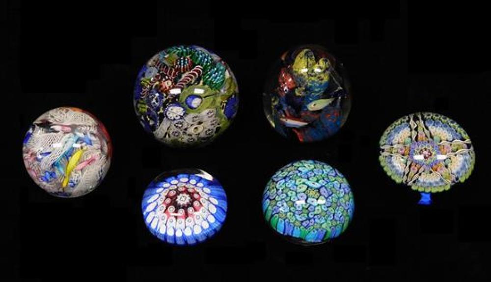 Appraisal: GLASS Six glass paperweights th C most with millefiori various