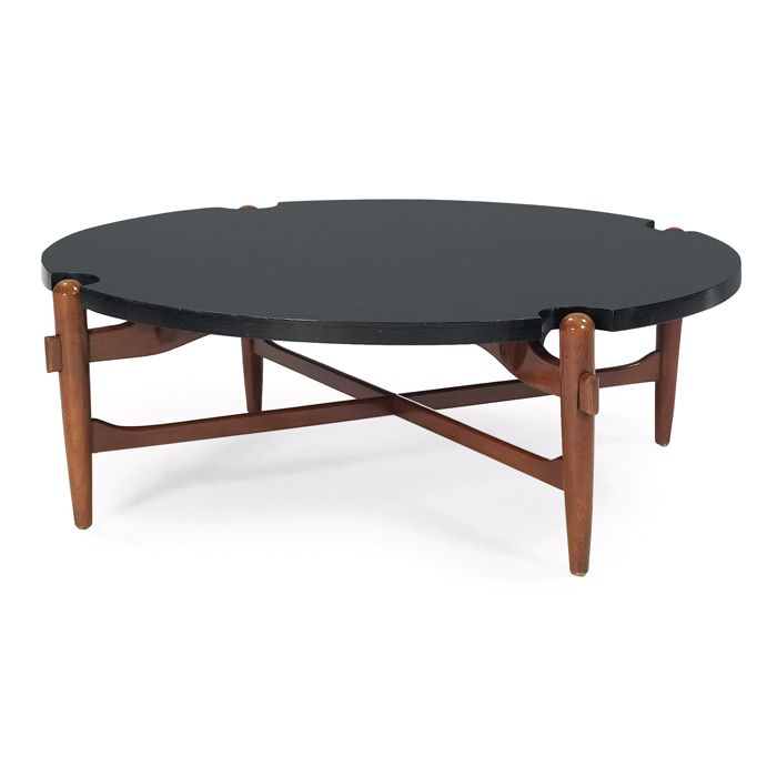 Appraisal: s coffee table designer unknown round black laminate top with