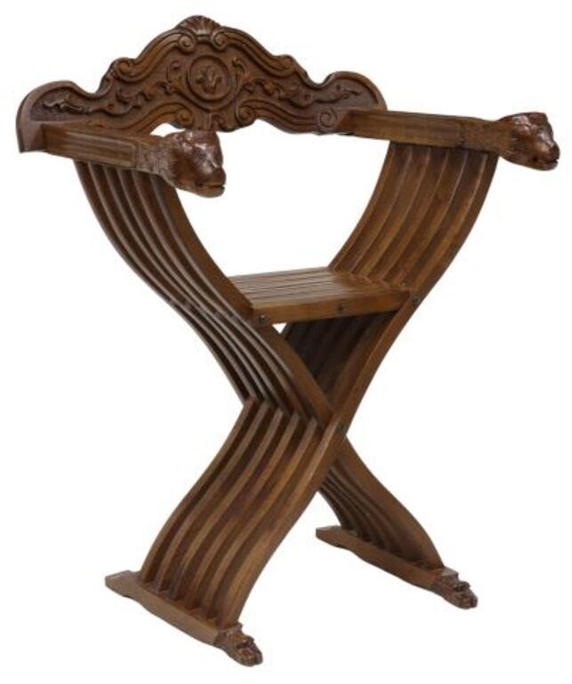 Appraisal: Italian walnut Savonarola chair th c having foliate scroll carved