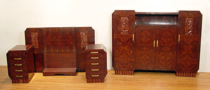 Appraisal: SADDIER FRENCH ART DECO BEDROOM SUITE Beautiful burl wood capturing