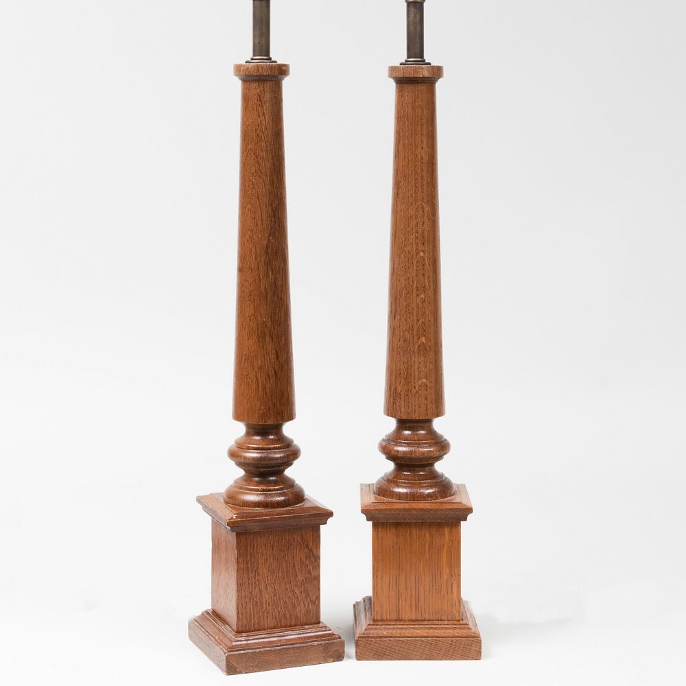 Appraisal: Pair of Andr Arbus Oak Columnar Lamps x x in