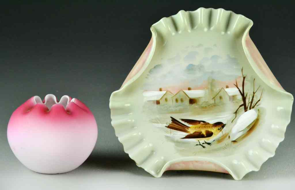 Appraisal: Peachblow Glass Bowl Painted Wall PlaqueBulbous peachblow bowl with scalloped