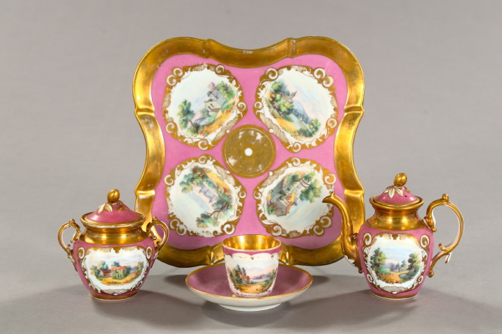 Appraisal: Five-Piece Sevres-Style Rose Pompadour-Ground Porcelain Solitaire Service third quarter th