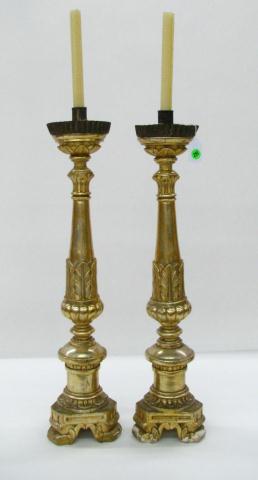 Appraisal: Pair of Ecclesiastical candlesticks gold leaf inches tall acanthus leaf