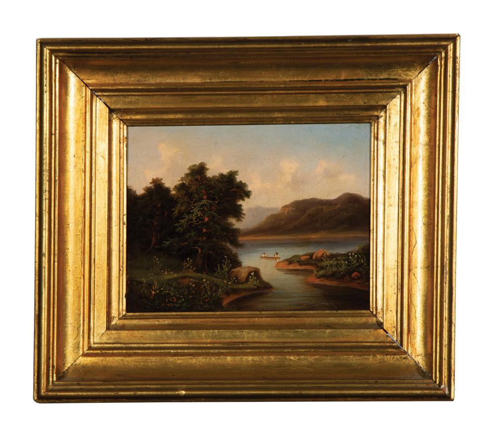 Appraisal: American School th c Landscape with River and Boaters oil