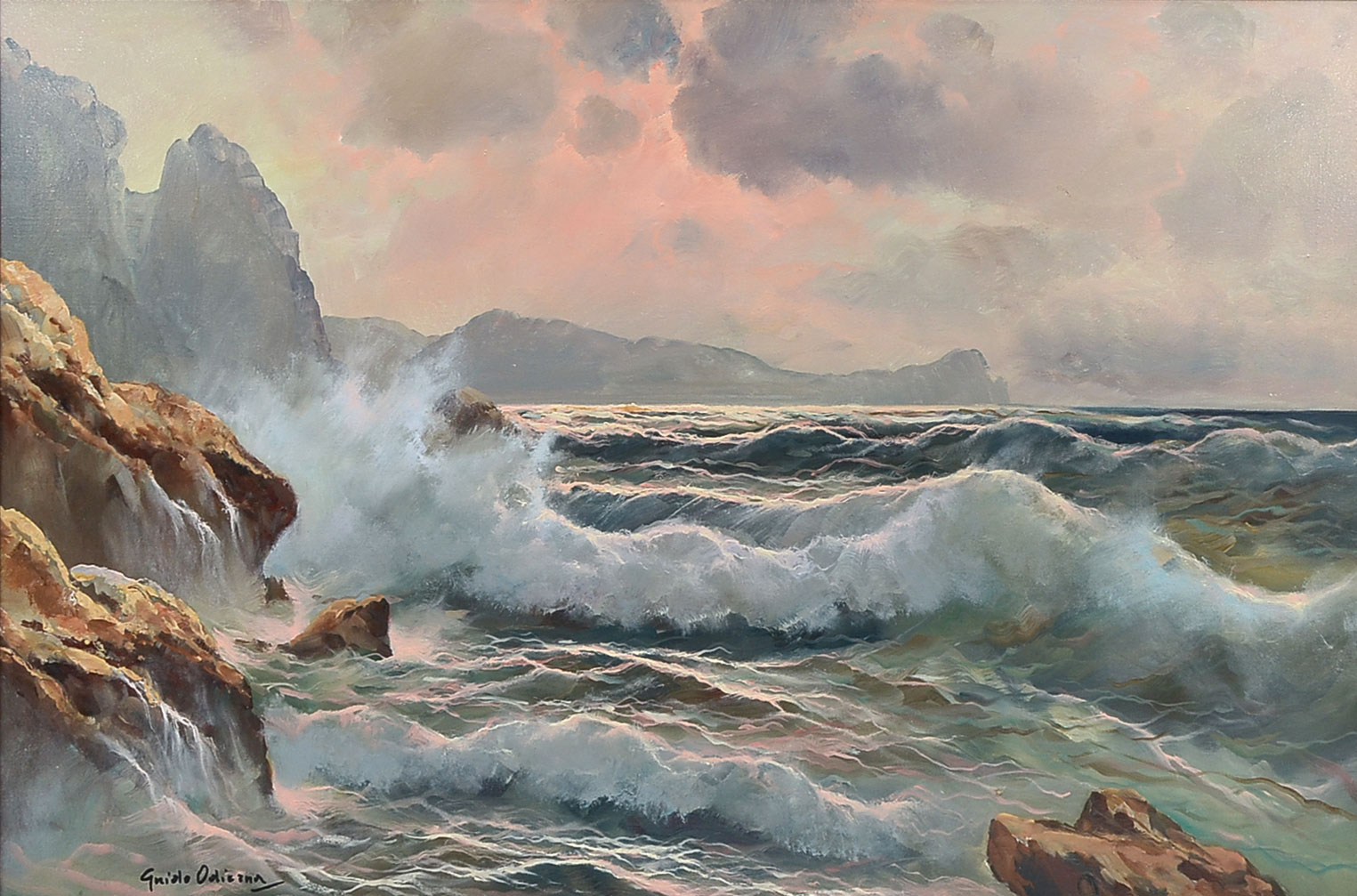 Appraisal: ODIERNA Guido Italian - Crashing Surf Coastal Sunset Oil on