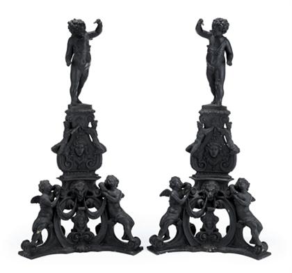 Appraisal: Pair of large Continental bronze andirons late th century Each