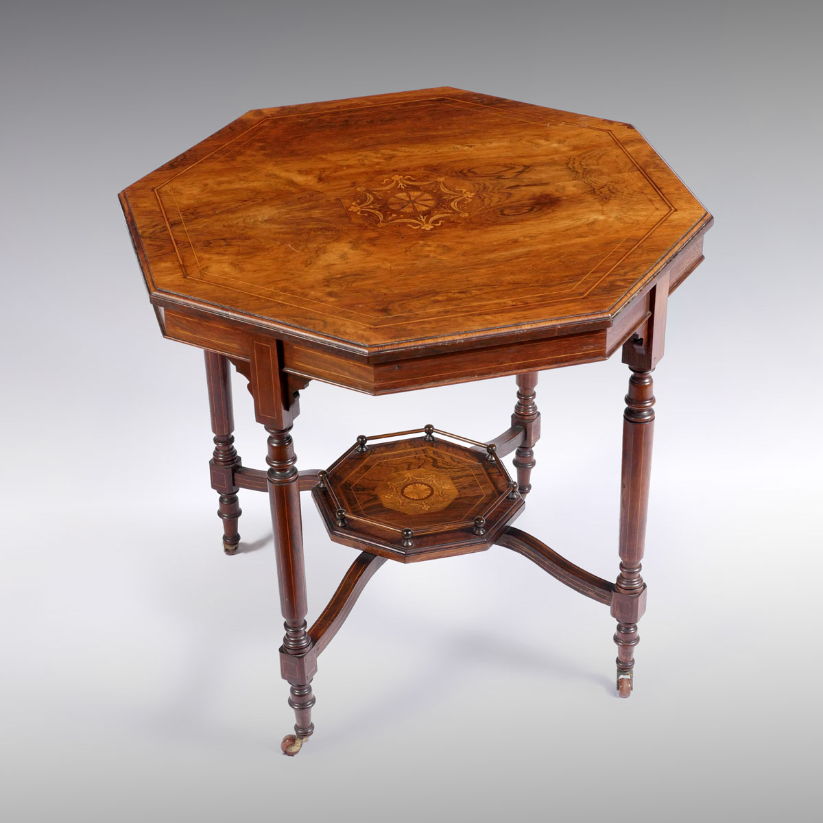 Appraisal: -TIERED OCTAGONAL INLAID TABLE Banded octagonal table having a central