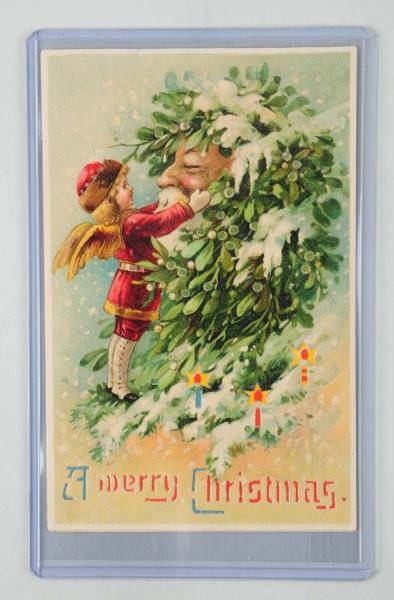 Appraisal: Hold-to-Light Santa Face Postcard Fantasy mistletoe head with angel boy