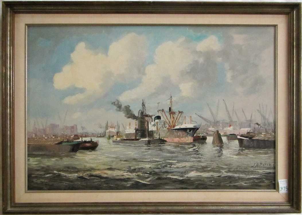 Appraisal: J H PETERSS OIL ON CANVAS Dutch born Amsterdam Harbor