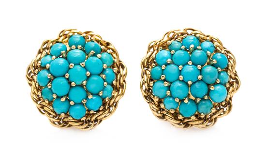 Appraisal: Sale Lot A Pair of Yellow Gold and Turquoise Earclips