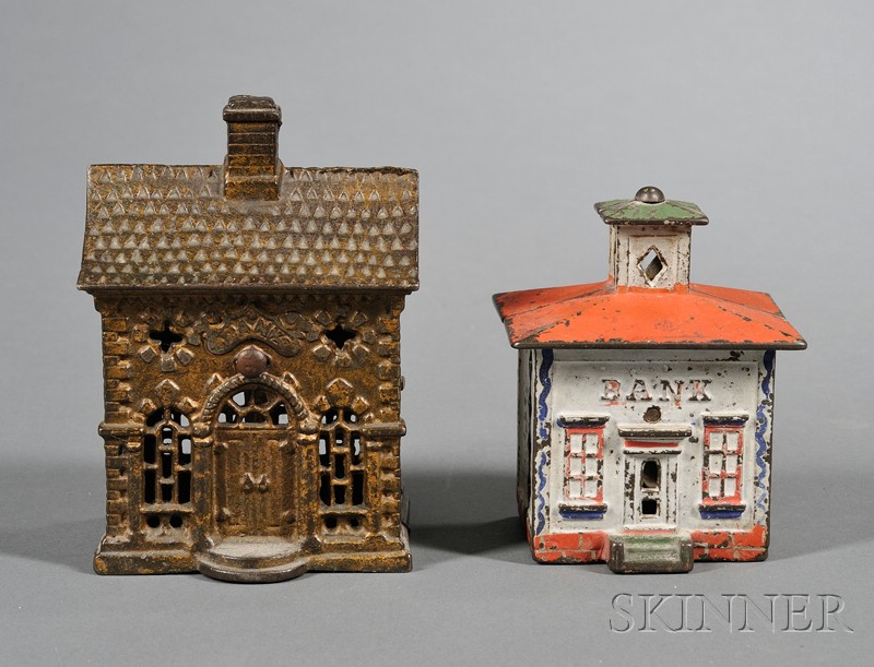 Appraisal: Two Small Painted Cast Iron Architectural Still Banks America late