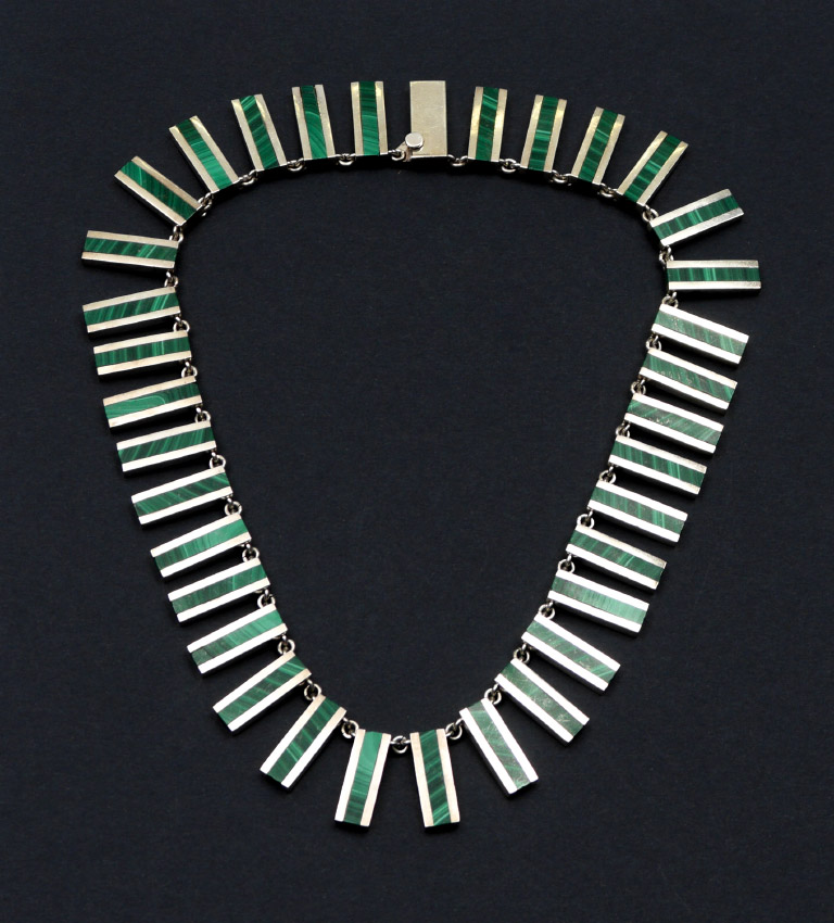 Appraisal: MEXICAN STERLING MALACHITE NECKLACE Sterling bar drops with inset bands