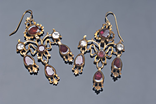 Appraisal: th C gold girondole earrings with garnets and crystal closed