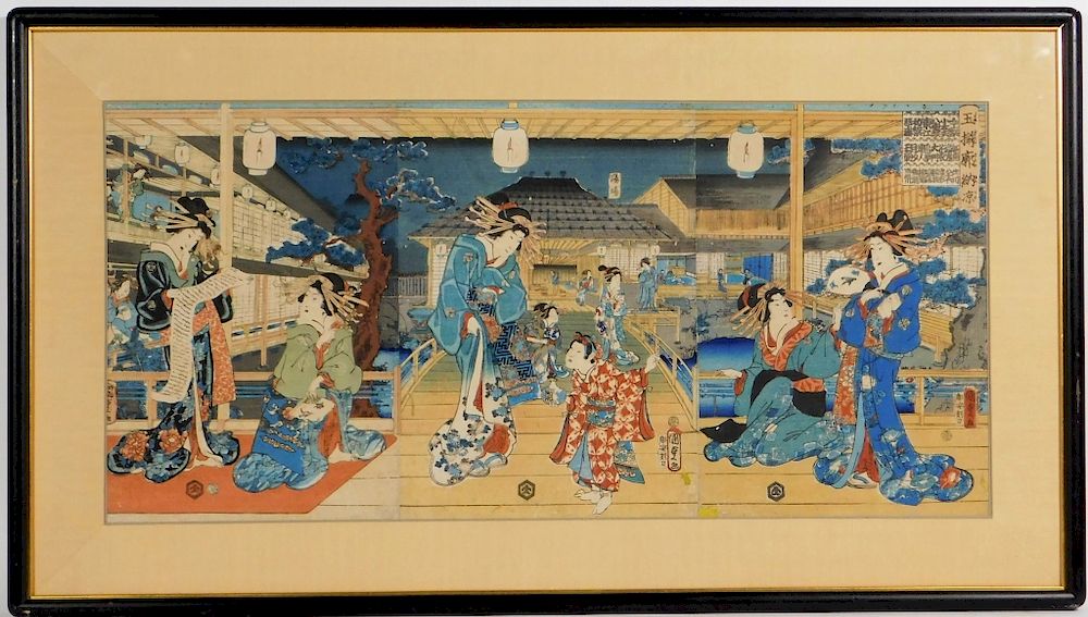 Appraisal: C Japanese Triptych Woodblock of Royal Courtyard Japan th Century